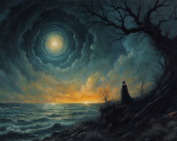 Lone Figure by Turbulent Sea Under Dramatic Sky