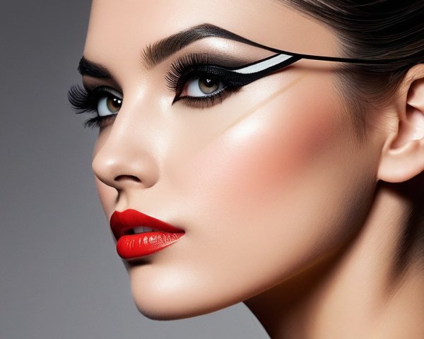 Close-up of a woman with bold makeup features