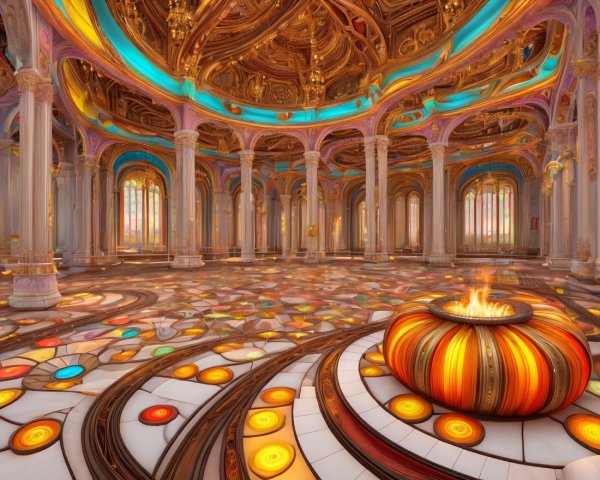 Grand hall with ornate architecture and vibrant decor