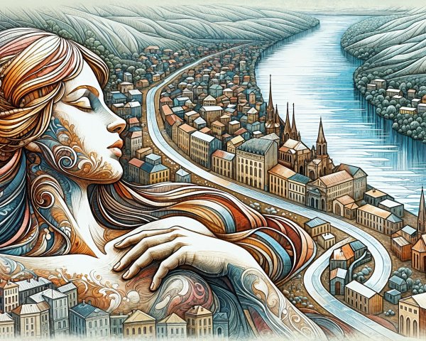 Intricate Woodcut Illustration of Woman and Cityscape