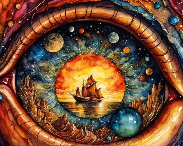Surreal Eye with Vibrant Seascape and Cosmic Elements
