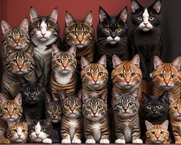 Colorful Cats in Tiered Formation with Unique Expressions