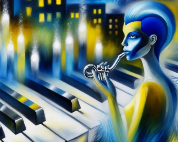 Serene Figure with Blue Skin Playing Trumpet in City