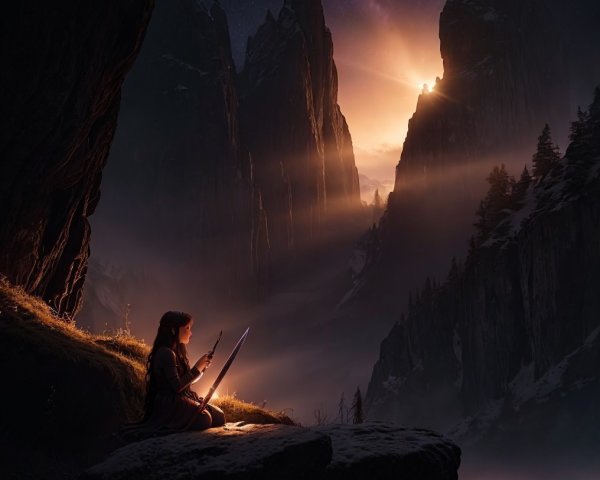 Young warrior with glowing sword in mountainous landscape