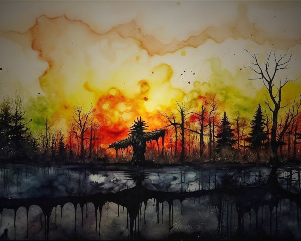 Watercolor Scene of a Mysterious Figure at Sunset