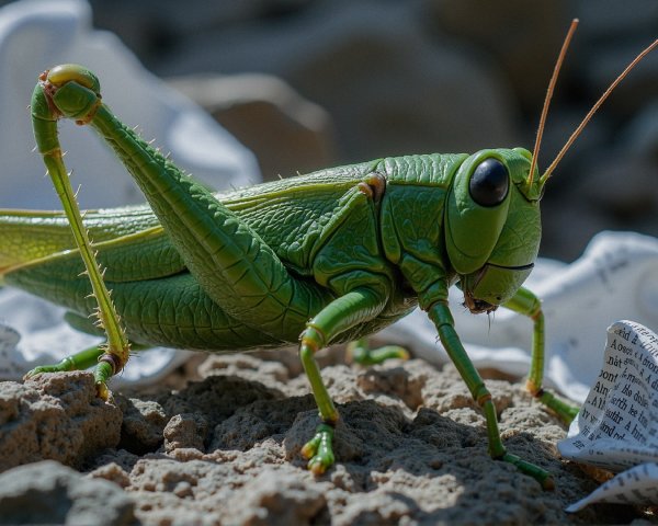 Green Grasshopper on Rocky Surface with Paper Pieces