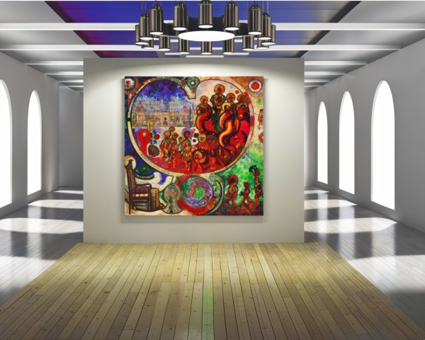 Vibrant Art Gallery with Colorful Paintings and Light