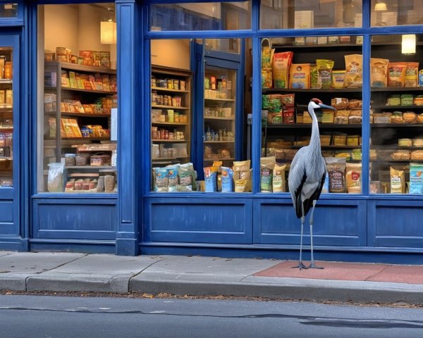 Heron Stands Elegantly by Colorful Shopfront Display