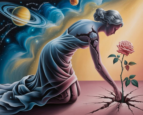 Surreal Artwork of Woman Planting Rose in Cosmic Scene