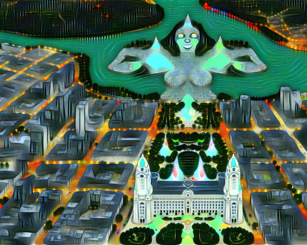 Vibrant Nighttime Urban Landscape with Abstract Statue