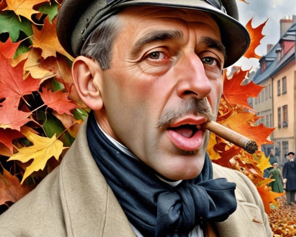 Man in Vintage Attire with Autumn Leaves Background