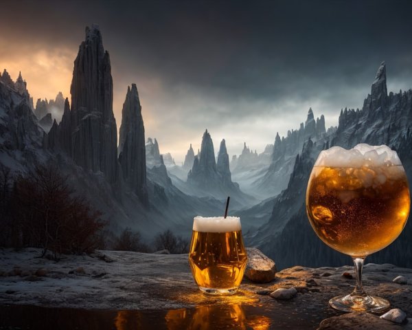 Beer Glasses Against a Dramatic Mountain Landscape