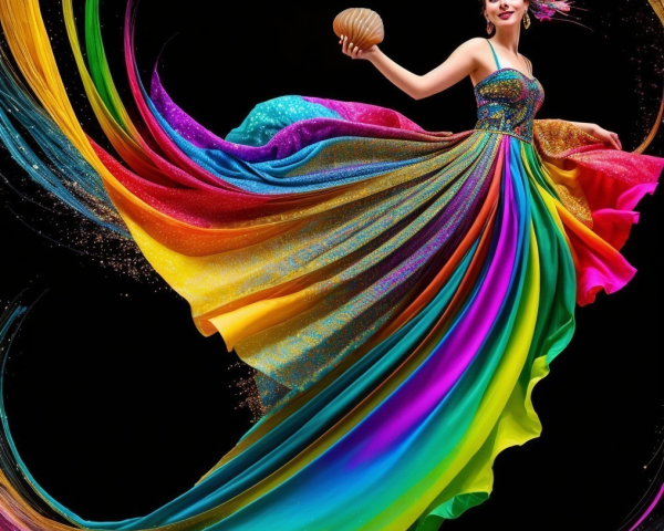 Colorful gown with rainbow hues and floral accents