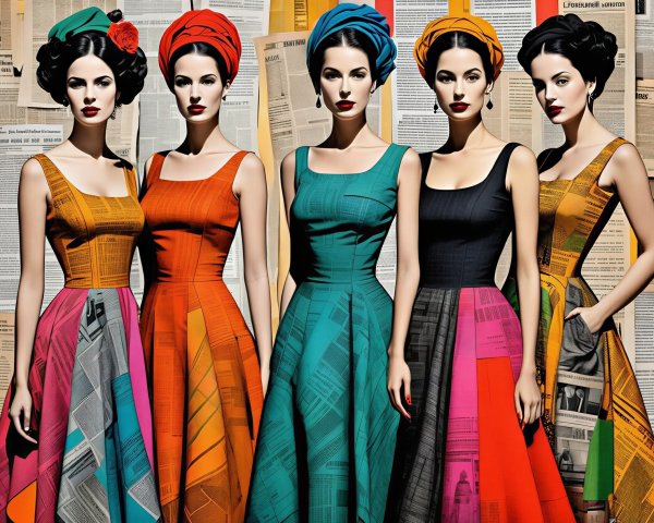 Five Women in Elegant Dresses with Retro Headwraps