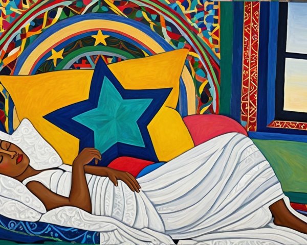 Serene Scene of a Woman Sleeping on a Colorful Couch