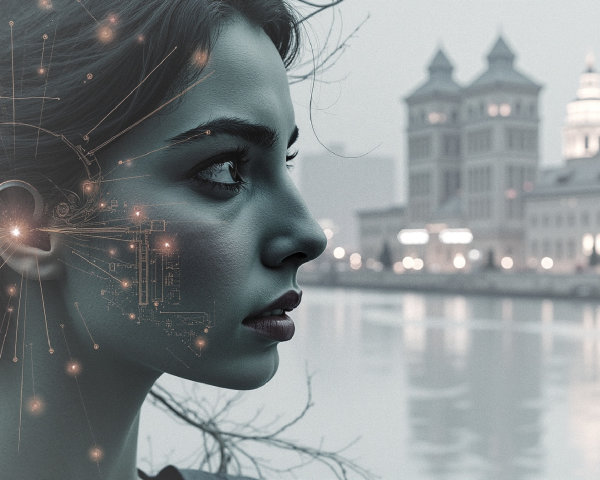 Futuristic Woman with Circuitry in Urban Landscape