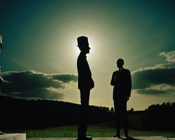 Silhouetted Figures in Dramatic Sunset Landscape