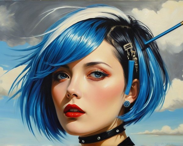 Portrait of a Young Woman with Blue Hair and Choker