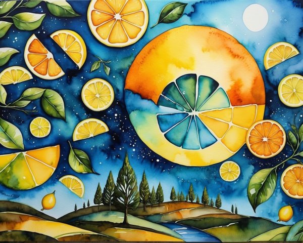 Watercolor of Oranges and Lemons in Night Sky
