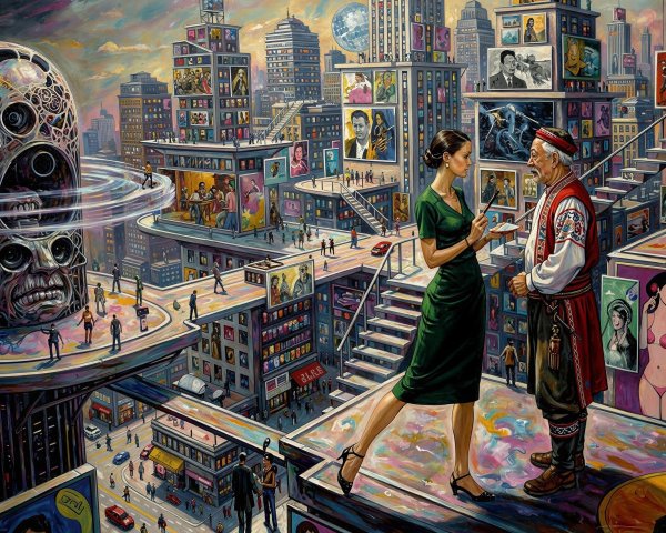 Futuristic Cityscape with Artistic Exchange Scene