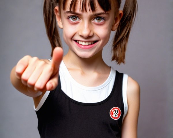 Young girl in athletic tank top with thumbs-up gesture