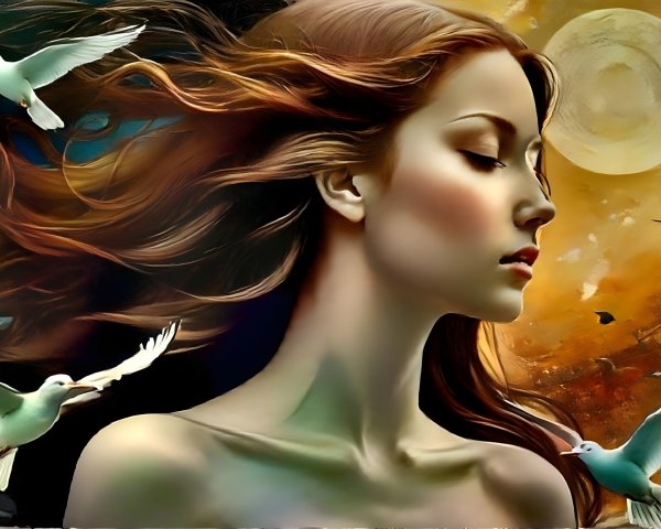 Profile of a Serene Woman Amidst Ethereal Birds