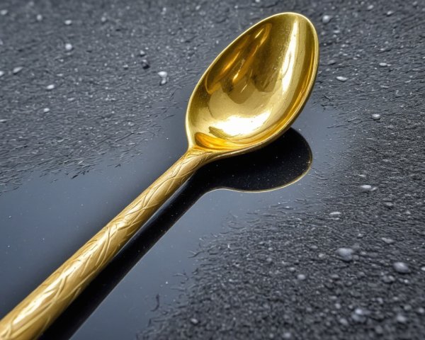 Gold Spoon on Dark Reflective Surface with Water Droplets