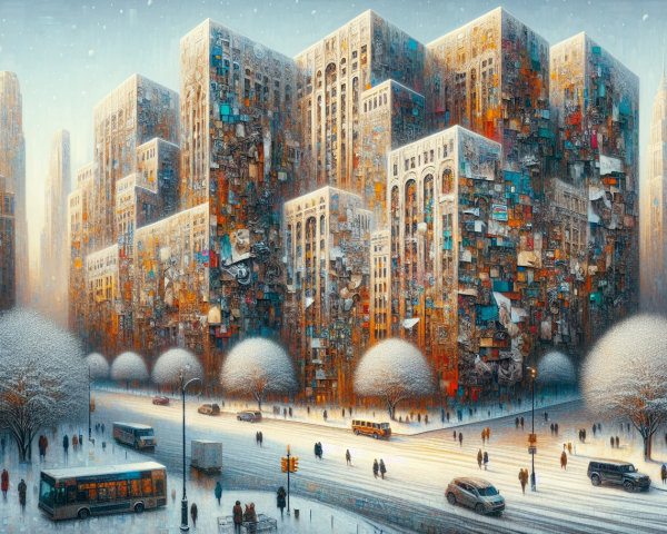 Vibrant Winter Cityscape with Colorful Murals