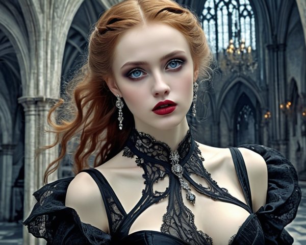 Portrait of a Woman in Gothic Setting with Lace Dress