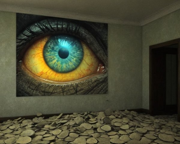 Vivid Mural of an Eye in a Dimly Lit Room