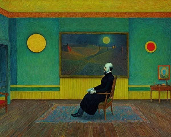 Solitary Figure in Vibrant Room with Artworks