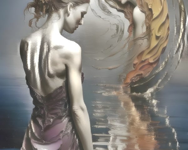 Contemplative Woman by Reflective Water in Soft Colors