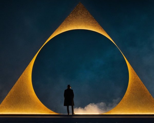 Mysterious Figure Before Geometric Installation with Fog