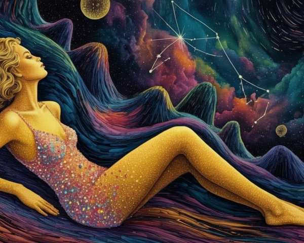 Dreamlike Scene of Woman on Colorful Waves in Galaxy
