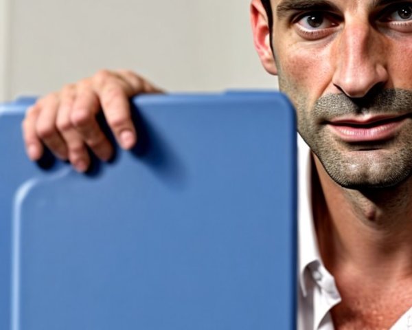 Man with Scale Showing Weight 177.7 in Indoor Setting