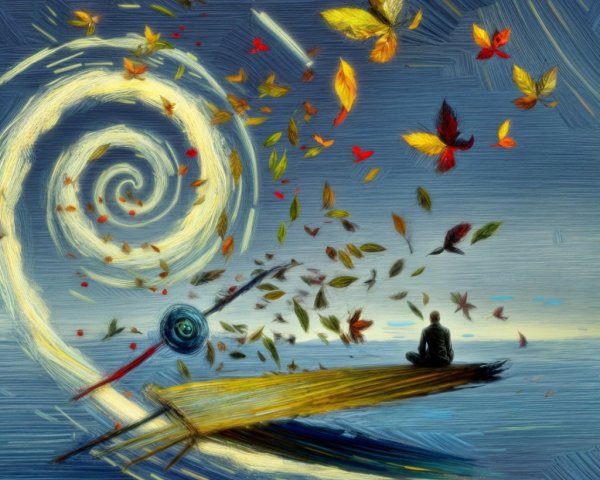 Figure in a boat surrounded by swirling autumn leaves