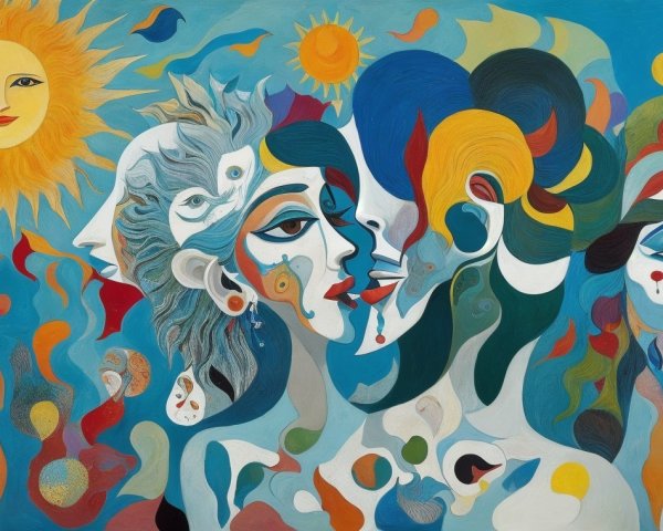 Vibrant abstract mural with intertwined faces and emotions