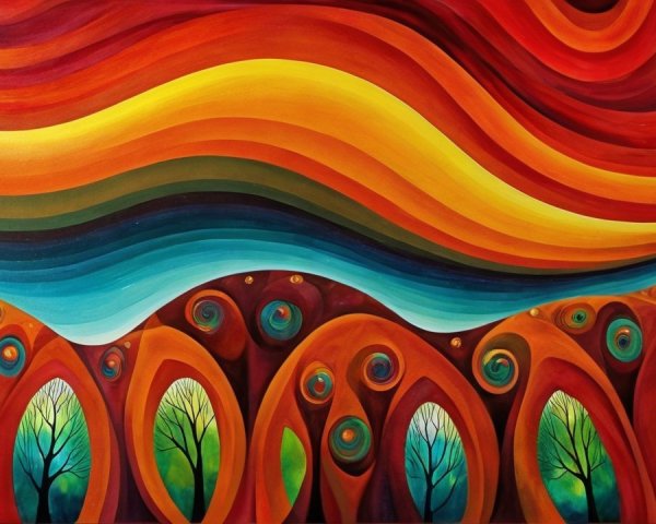 Vibrant Abstract Painting with Flowing Colors and Trees