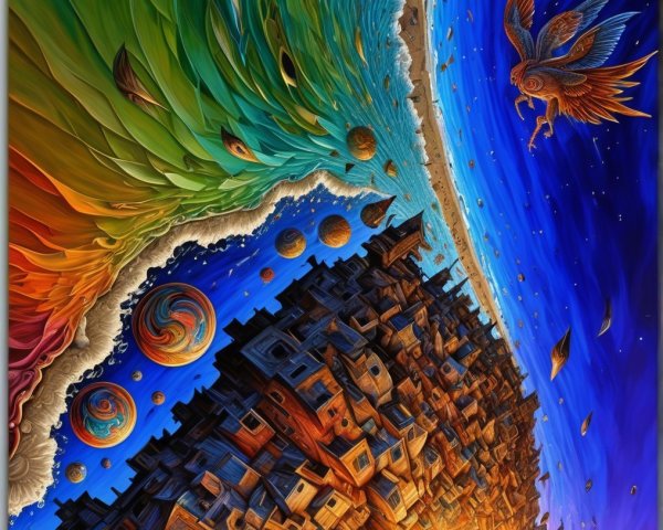 Surreal Landscape of Colorful Waves and Cityscape