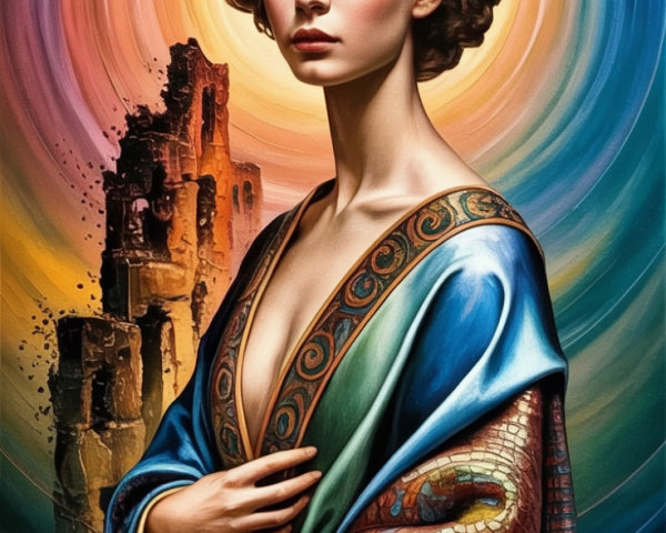 Woman in Intricate Robe Against Colorful Background