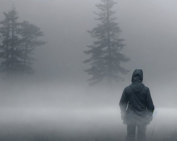 Solitary Figure in Foggy Pine Forest Landscape