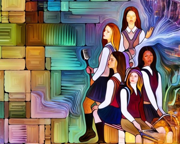 Vibrant Abstract Composition of Young Women in Uniforms