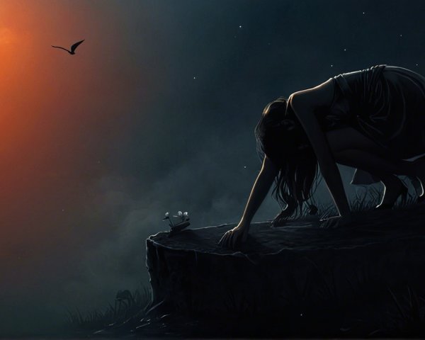 Silhouetted Figure on Cliff Under Orange Moonlight