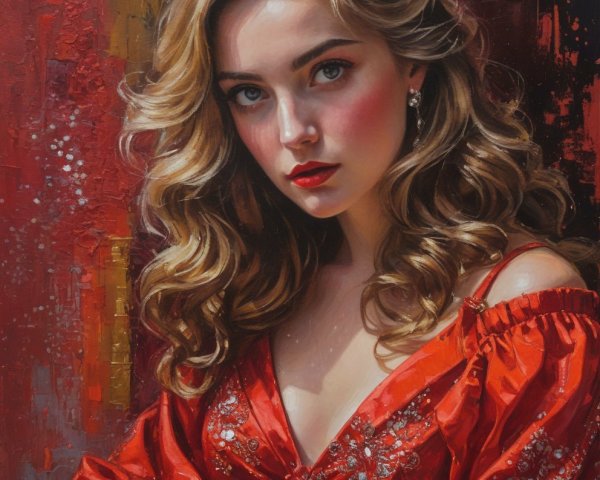 Portrait of a woman in red dress with abstract background