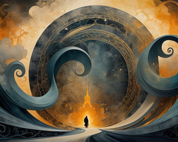 Solitary Figure at Ornate Portal with Cosmic Elements