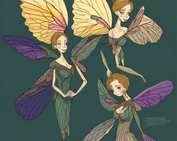 Whimsical Fairies with Butterfly Wings in Green Background