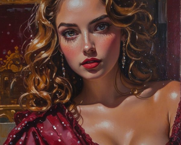 Bust of a Young Woman in Oil Painting with Red Dress