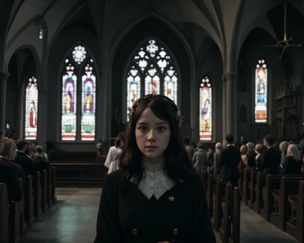 Young girl in gothic church with stained glass light
