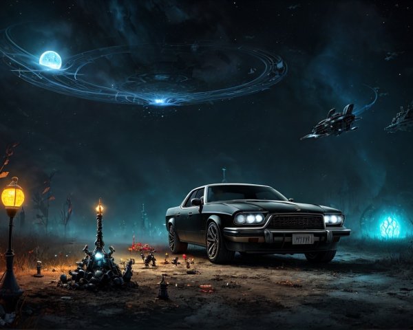 Sleek Car in Dark Landscape with Futuristic Elements