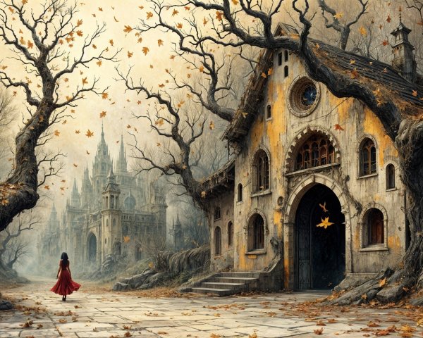 Lone Figure in Red Cloak Amidst Eerie Landscape